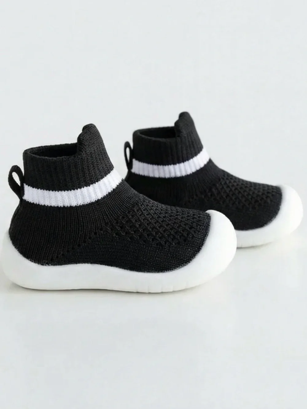 Toddler Sock Sneakers Black White Slip On Knit Walking Shoes Rubber Soles